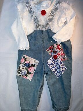 Vintage Kids Denim Overalls Matching Set with White Lace Top - Red Floral Accent